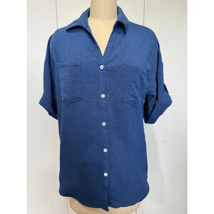 Women's Andree by Unit silky Blue Button Down roll tab sleeve camp Shirt S